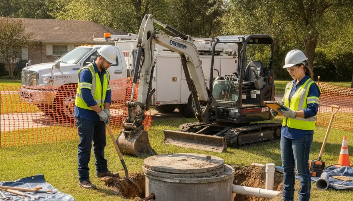 Austin, TX plumber inspecting septic repair service for a home system maintenance call