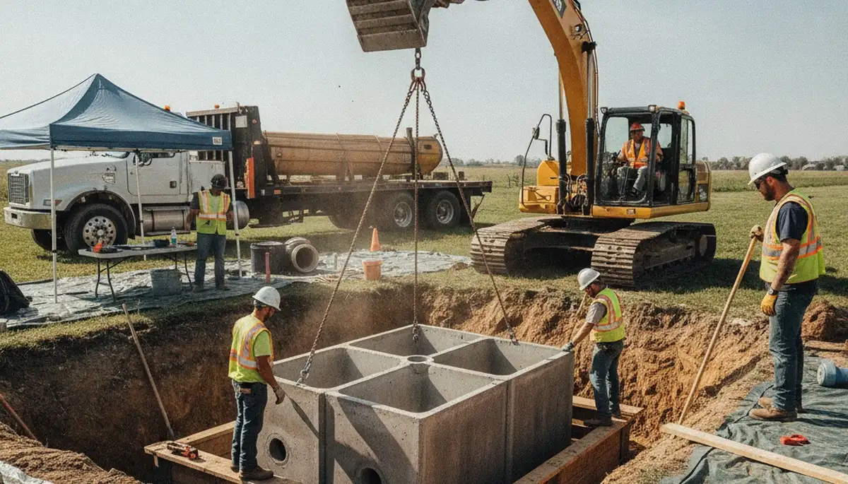 Austin, TX plumbers installing a septic tank for a home service call
