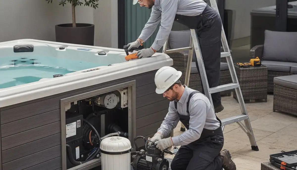 Austin, TX plumber repairing a home spa for reliable emergency plumbing service