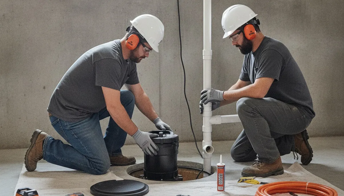 Austin, TX plumbers installing sump pump for flood protection in a home basement