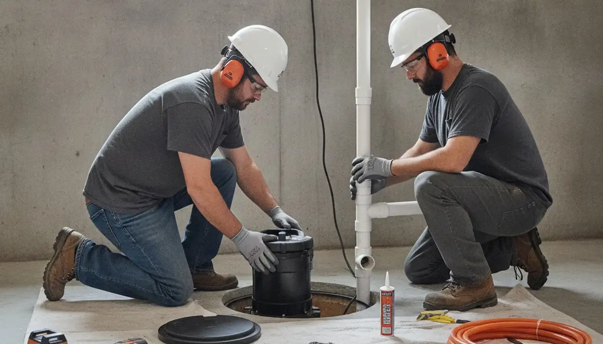 Austin, TX plumbers installing sump pump for flood protection in a home basement