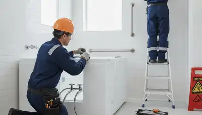 Austin, TX plumber installing a walk-in tub for safer bathroom access in a home